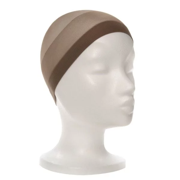 Perückenkappe auf Styroporkopf aufgezogen in beige